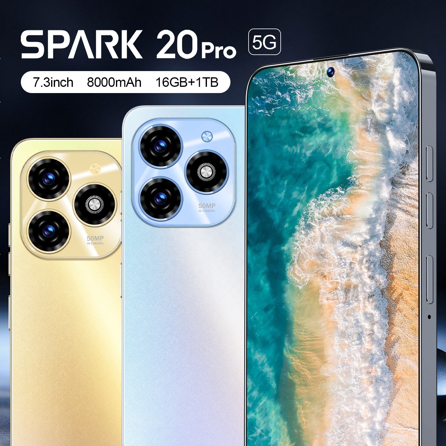 2024 New Smartphone 7.3 Inch Spark 20 Pro 16GB+1TB mobile phones Android 13 HD Camera Mobile Phone 5G Cellphone